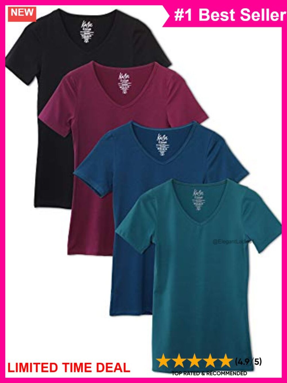 Women's 4-Pack V-Neck Short Sleeve T-Shirts Long Length Base Layer Tees